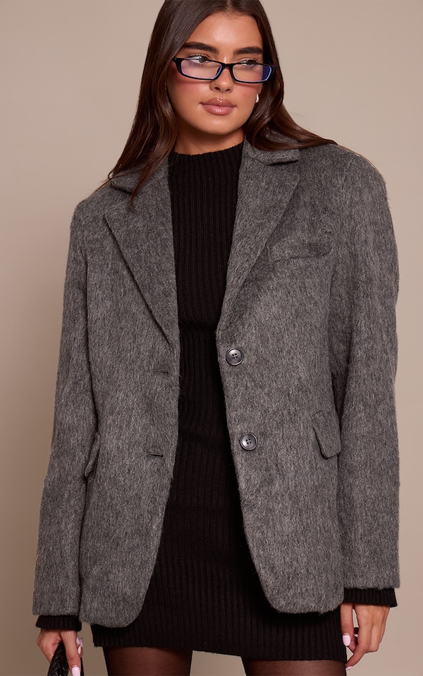 Charcoal Brushed Wool Look Oversized Blazer