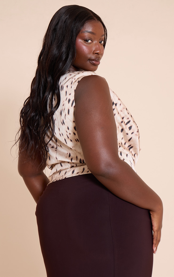 Plus Beige Printed Satin Trim Cowl Neck Top image 2
