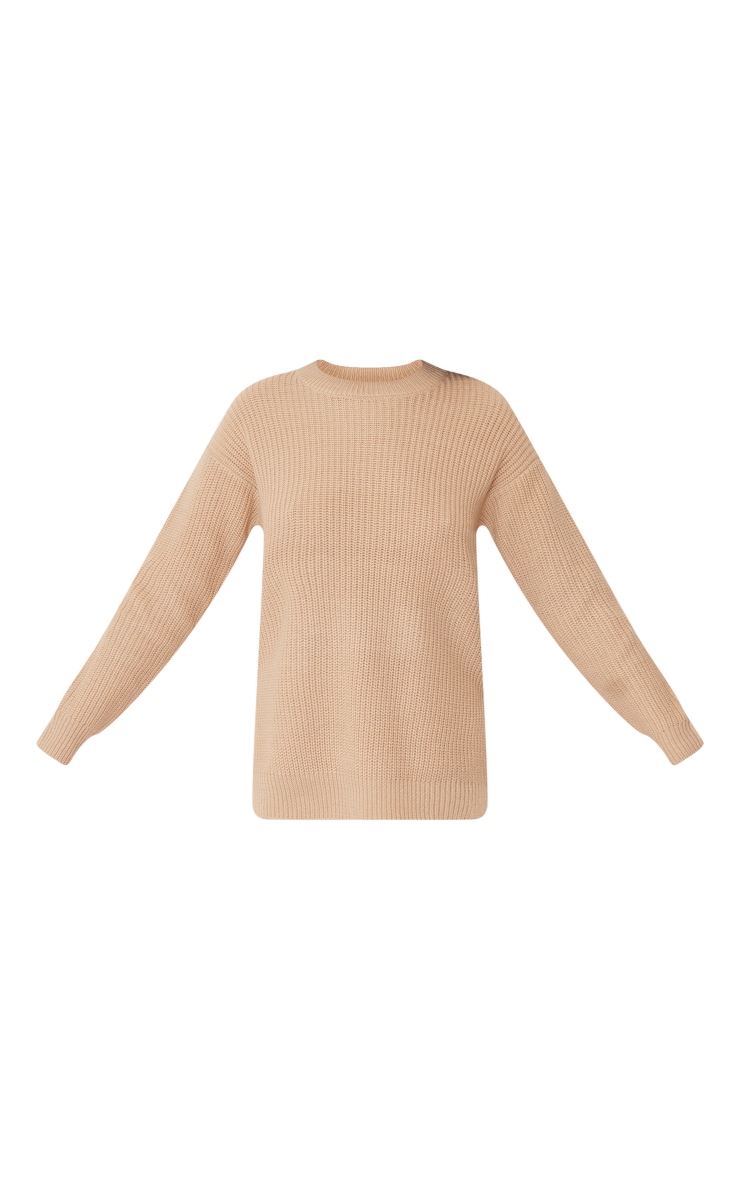 Tall Oatmeal Round Neck Side Split Knit Sweater image 5