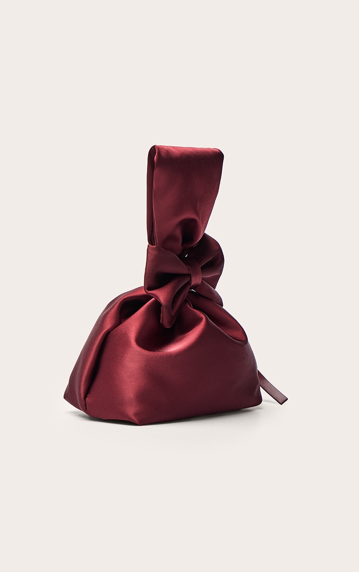 Burgundy Satin Bow Detail Clutch Bag image 3