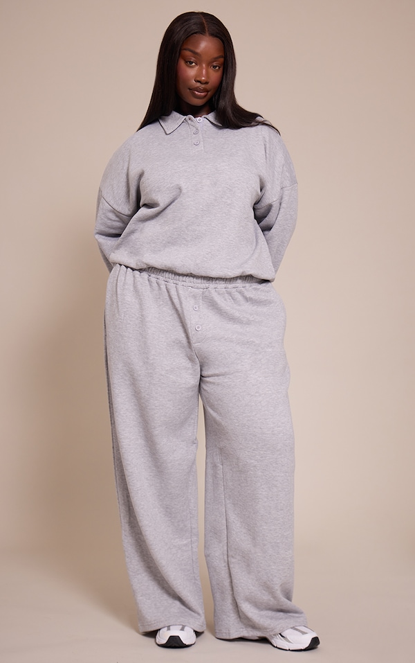 Plus Grey Marl Button Up Wide Leg Track Pants