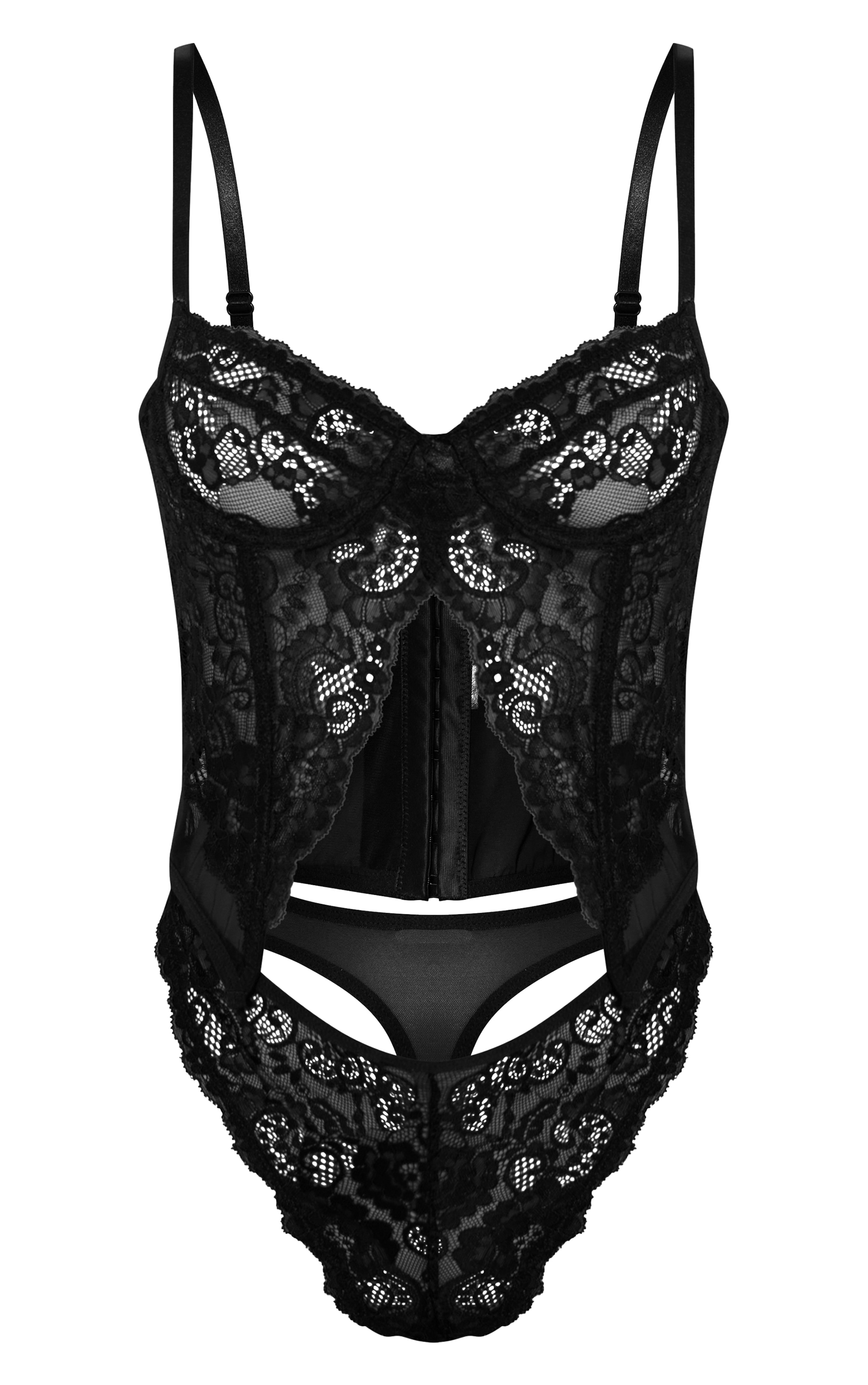 Black Split Front Detail Lace Corset Lingerie Set image 5