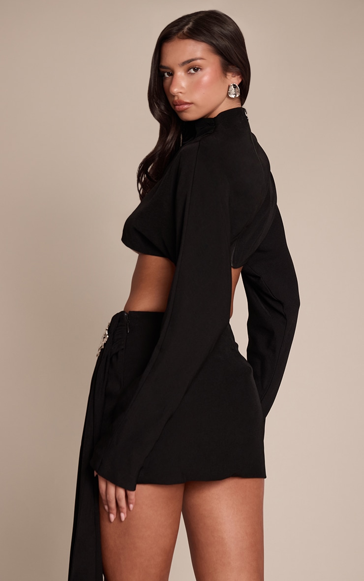 Premium Black Woven Crossover Long Sleeve Crop Top