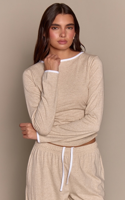 Oatmeal Marl Cotton Contrast Cuff Long Sleeve Top