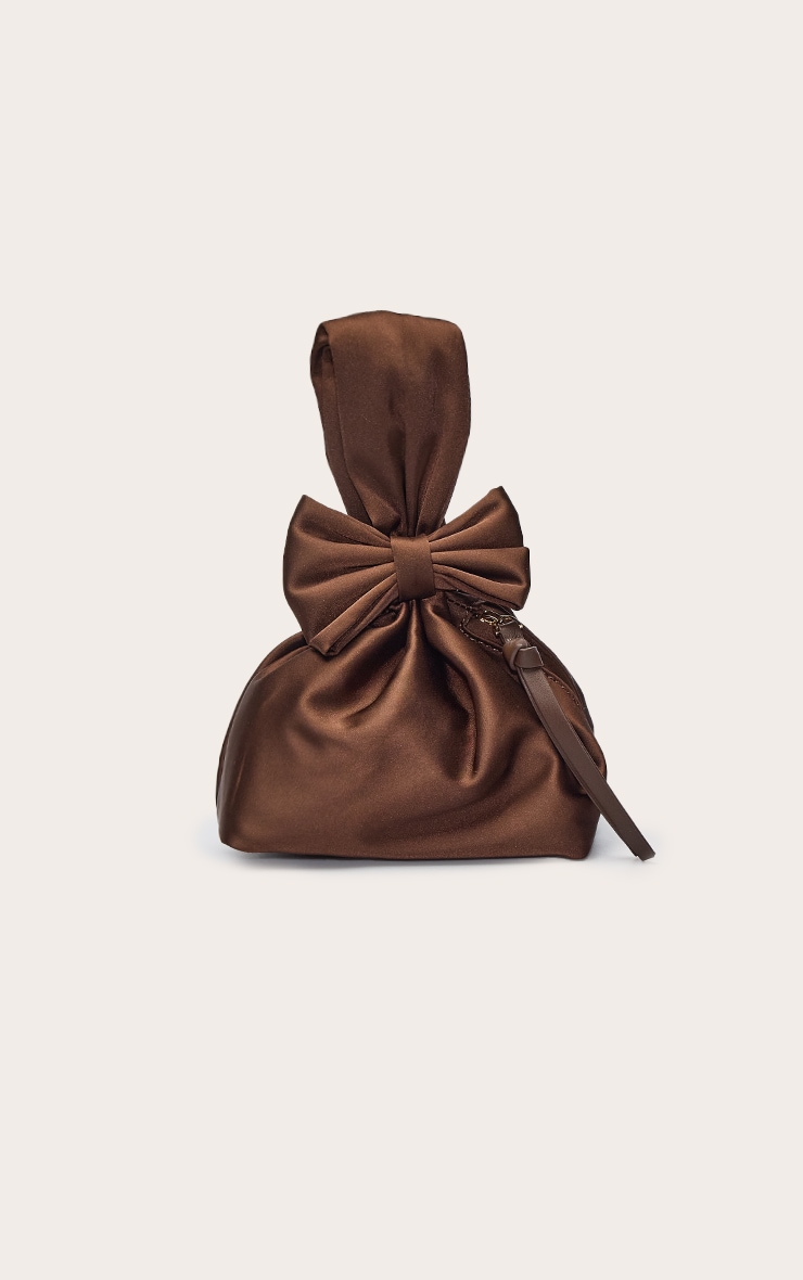 Chocolate Satin Bow Detail Clutch Bag image 2