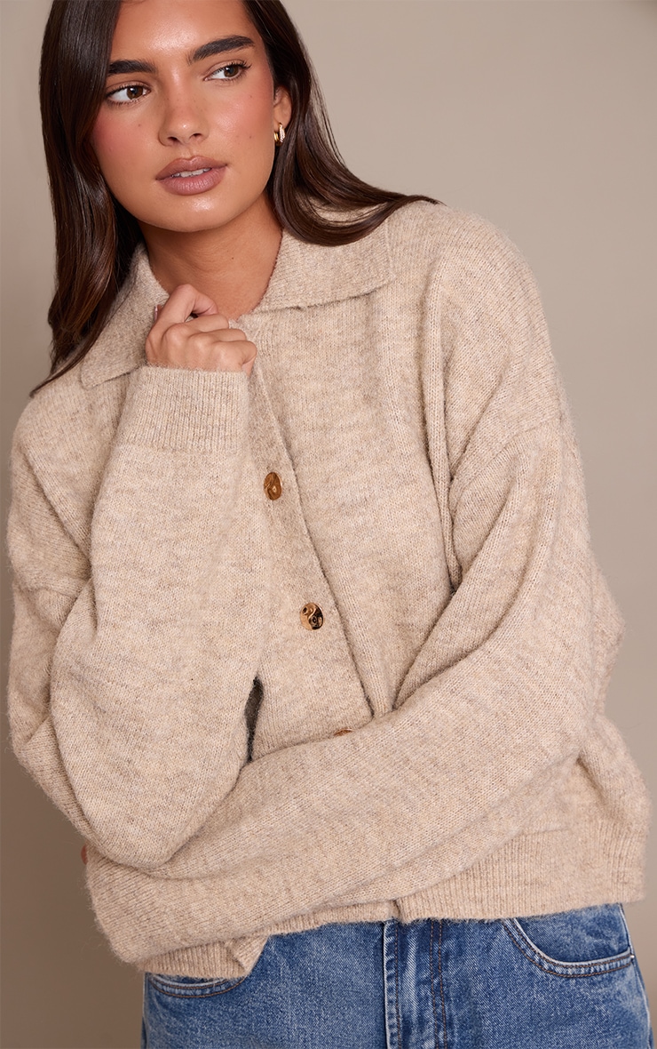 Oatmeal Brushed Knit Collar Cardigan image 4