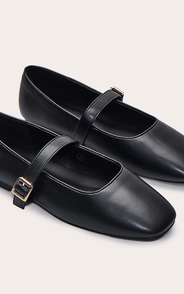 Black Buttery PU Square Toe Buckle Ballet Flats image 5