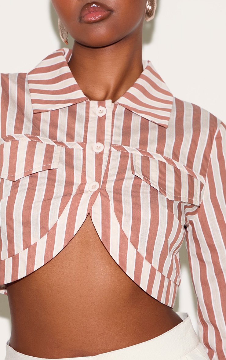 Brown Striped Curved Hem Cropped Shirt image 4