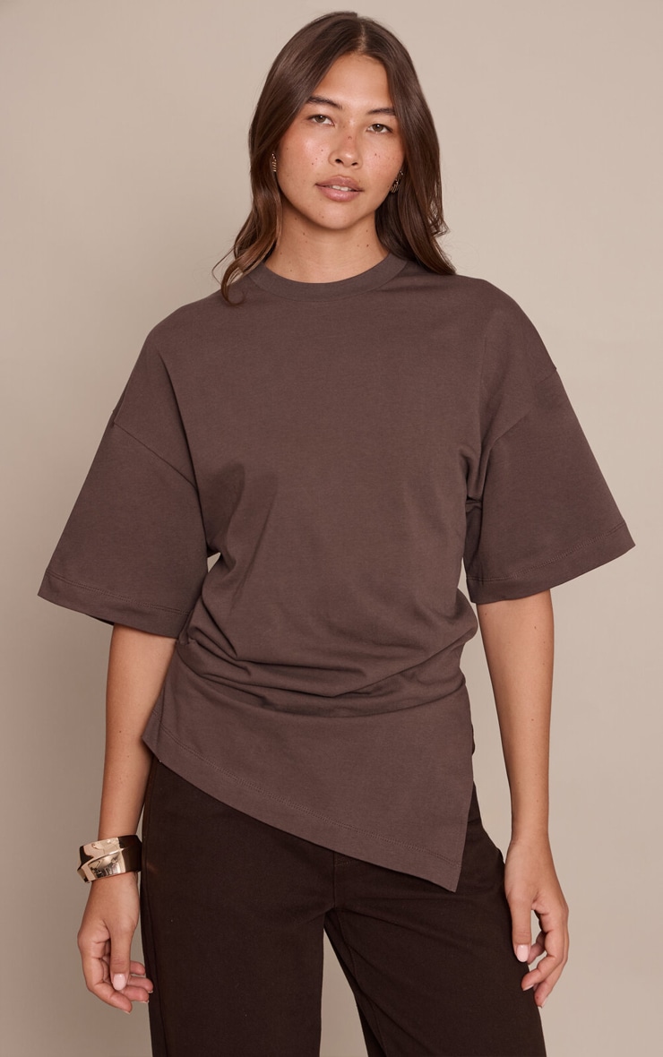  Chocolate Cotton Ruched Side Detail Oversized T Shirt  image 1
