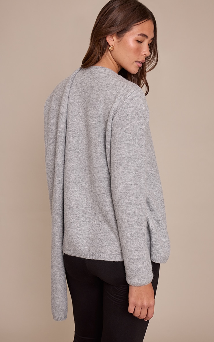 Grey Scarf Wrap Detail Knitted Jumper  image 2