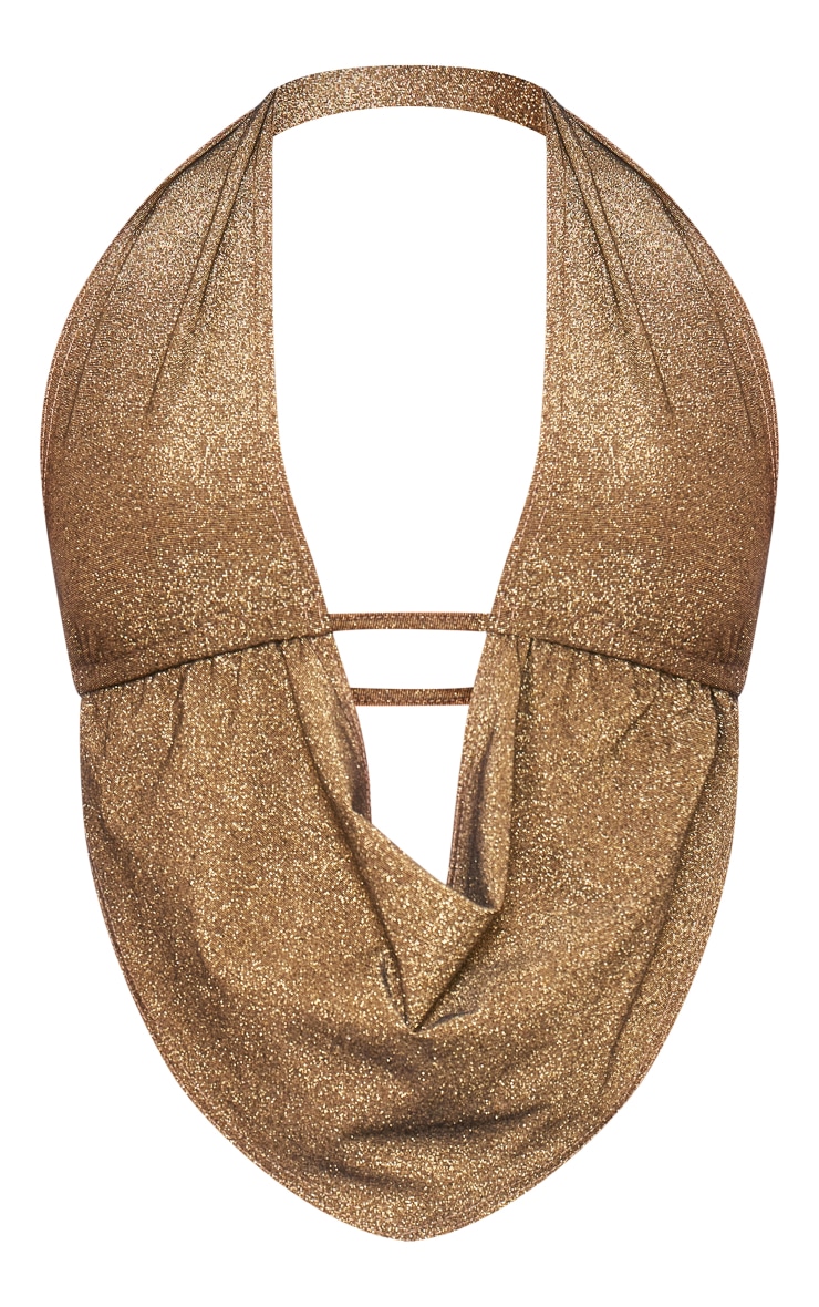 Gold Plunge Cowl Neck Glitter Tie Back Top