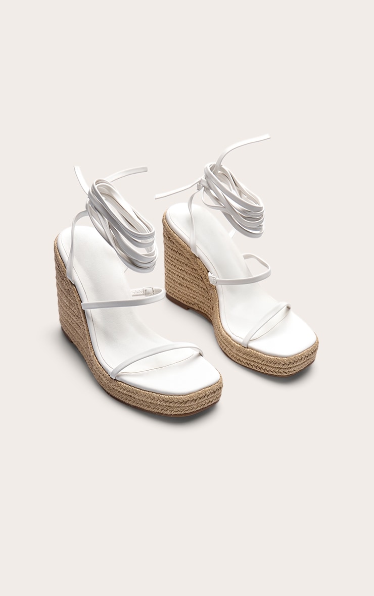 White Pu Square Toe Espadrille Lace Up High Heeled Wedges image 3