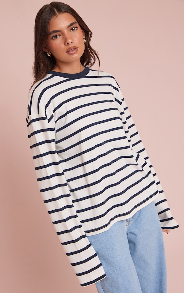 Navy Stripe Cotton Long Sleeve Boxy T Shirt 