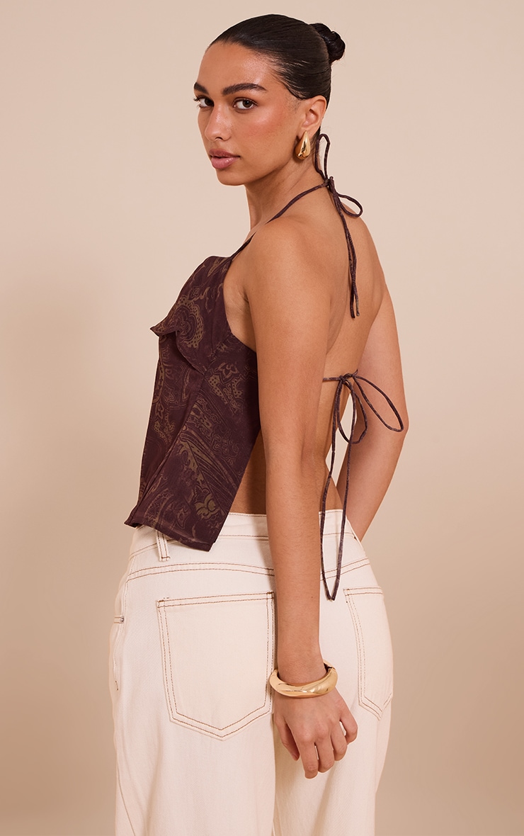 Brown Paisley Print Chiffon Halter Cami Top image 2