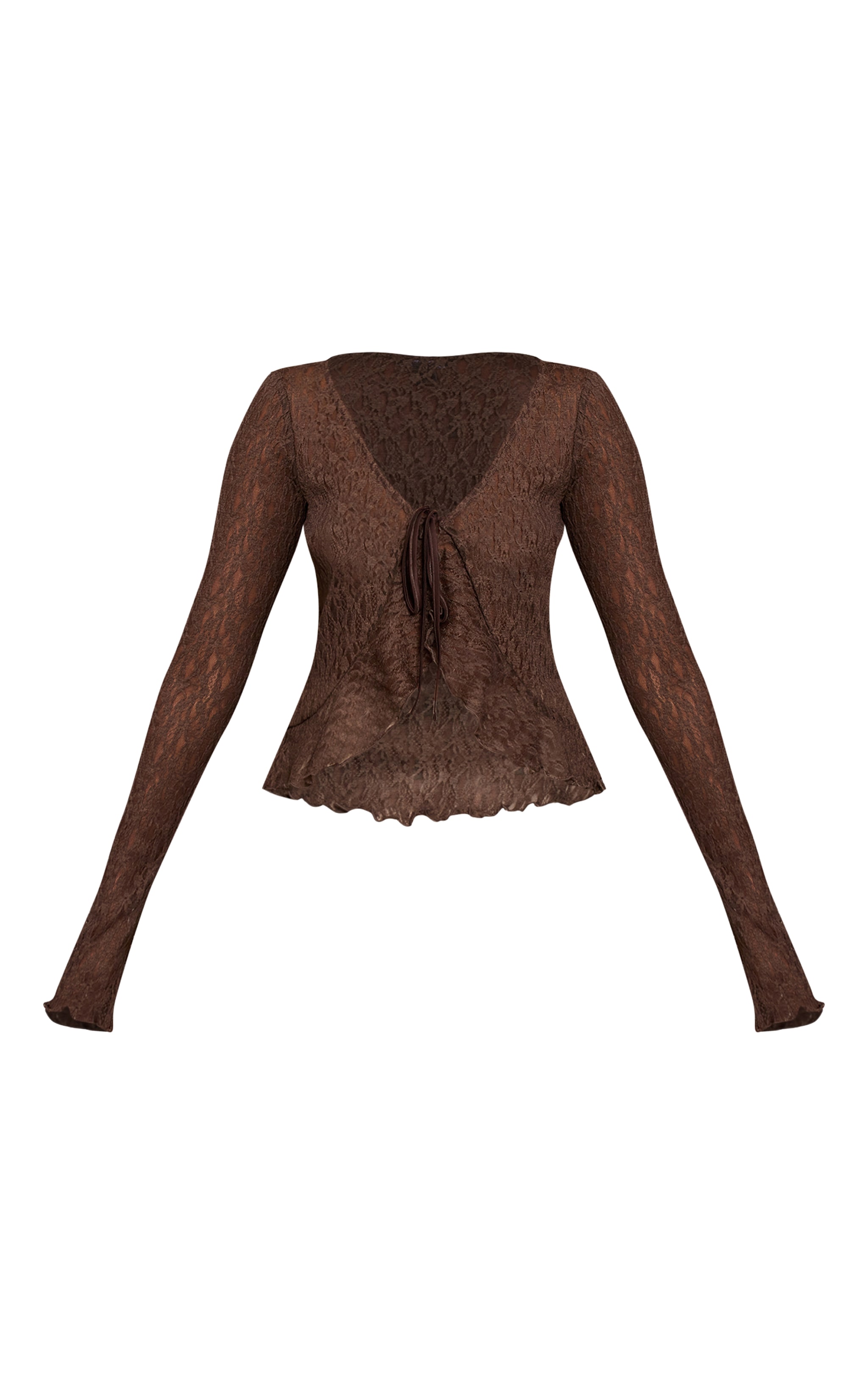 Chocolate Lace Tie Front Ruffle Long Sleeve Top image 5