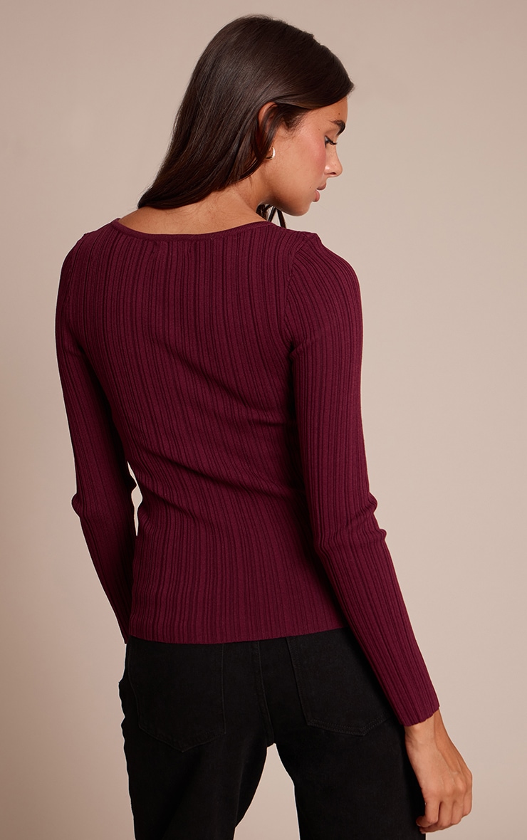 Burgundy Fine Knit Boat Neck Rib Knit Top image 2