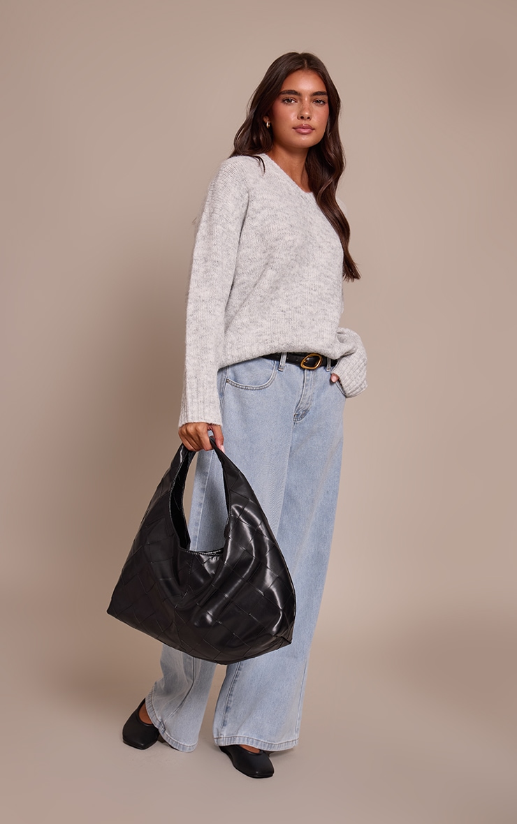 Light Grey V Neck Rib Detail Sweater image 3
