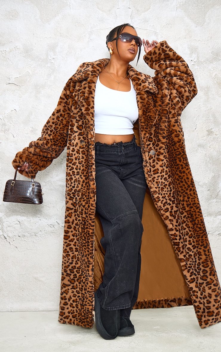 Plus Brown Soft Faux Fur Leopard Print Maxi Coat image 3