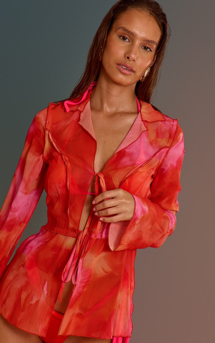 Orange Ombre Print Long Sleeve Tie Front Beach Shirt image 3