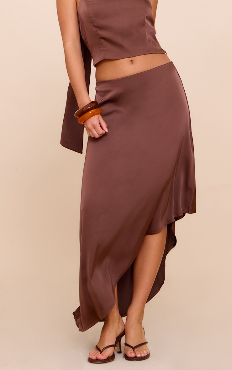 Dark Brown Satin Asymmetric Midi Skirt image 2
