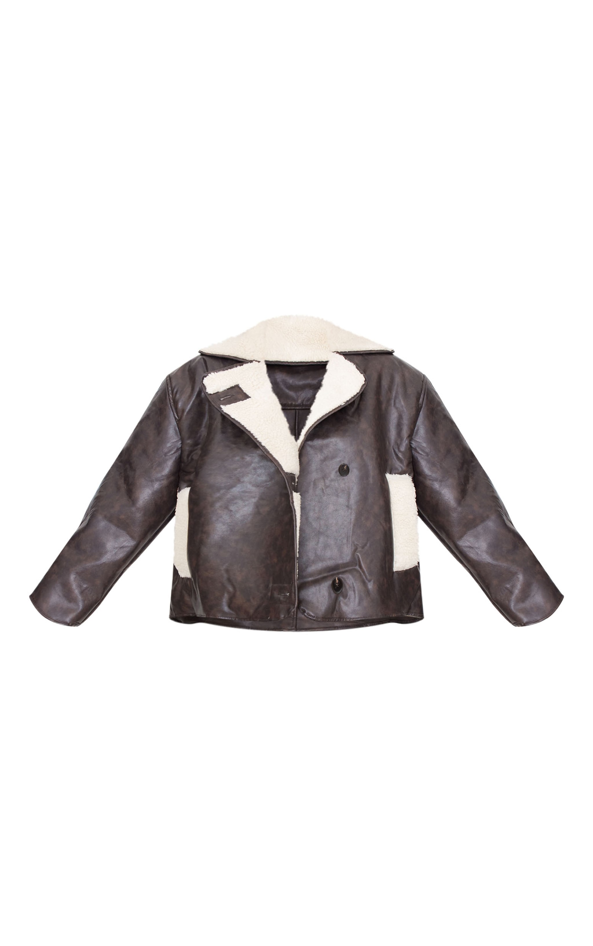 Washed Brown Distressed Faux Leather Borg Contrast Aviator Jacket image 5