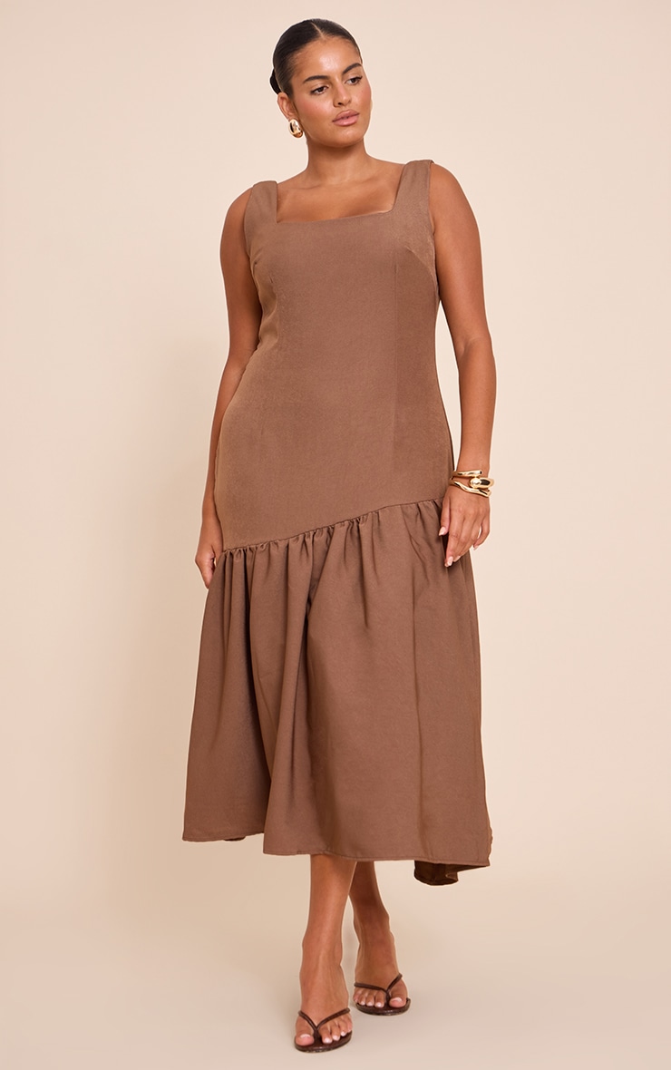 Plus Mocha Pleated Hem Square Neck Midaxi Dress image 1