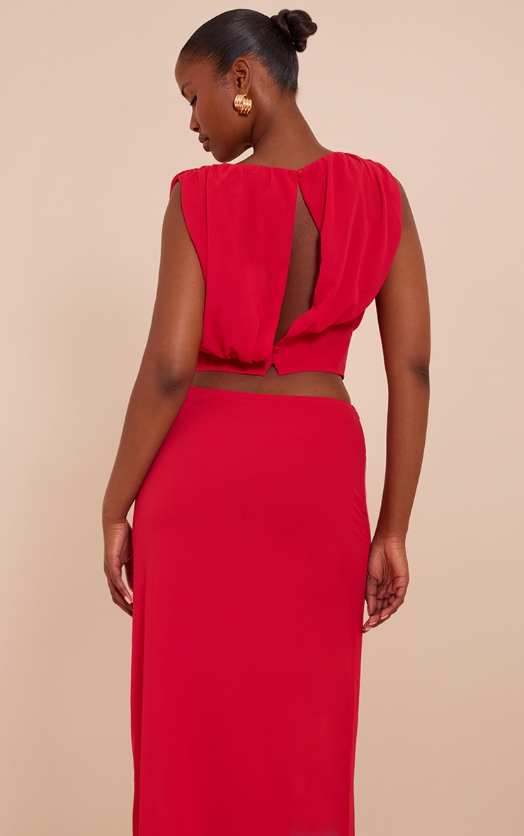 Tomato Red Chiffon Ruched Crop Top image 2