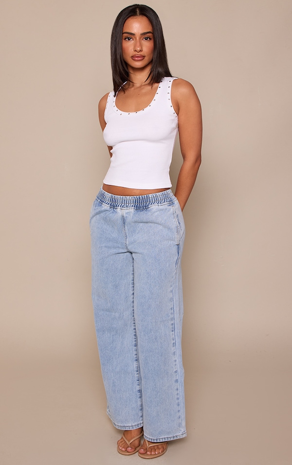 Petite Light Blue Wash Elasticated Wide Leg Jeans