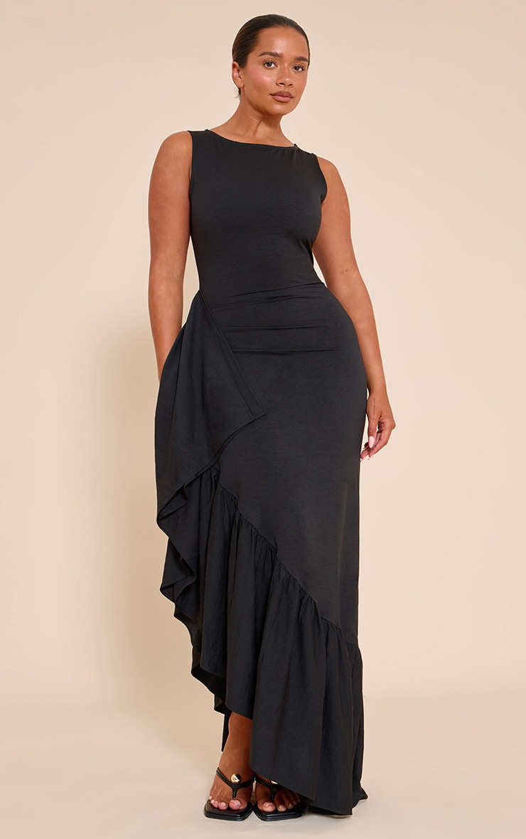 Shape black Stretch Woven Boat Neck Side Split Frill Maxi Dress image 1