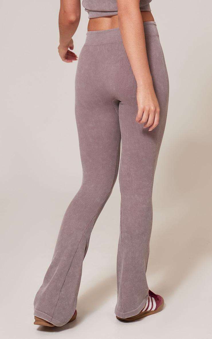Taupe Faded Snatched Rib Tie Waist Skinny Flare Pants image 3