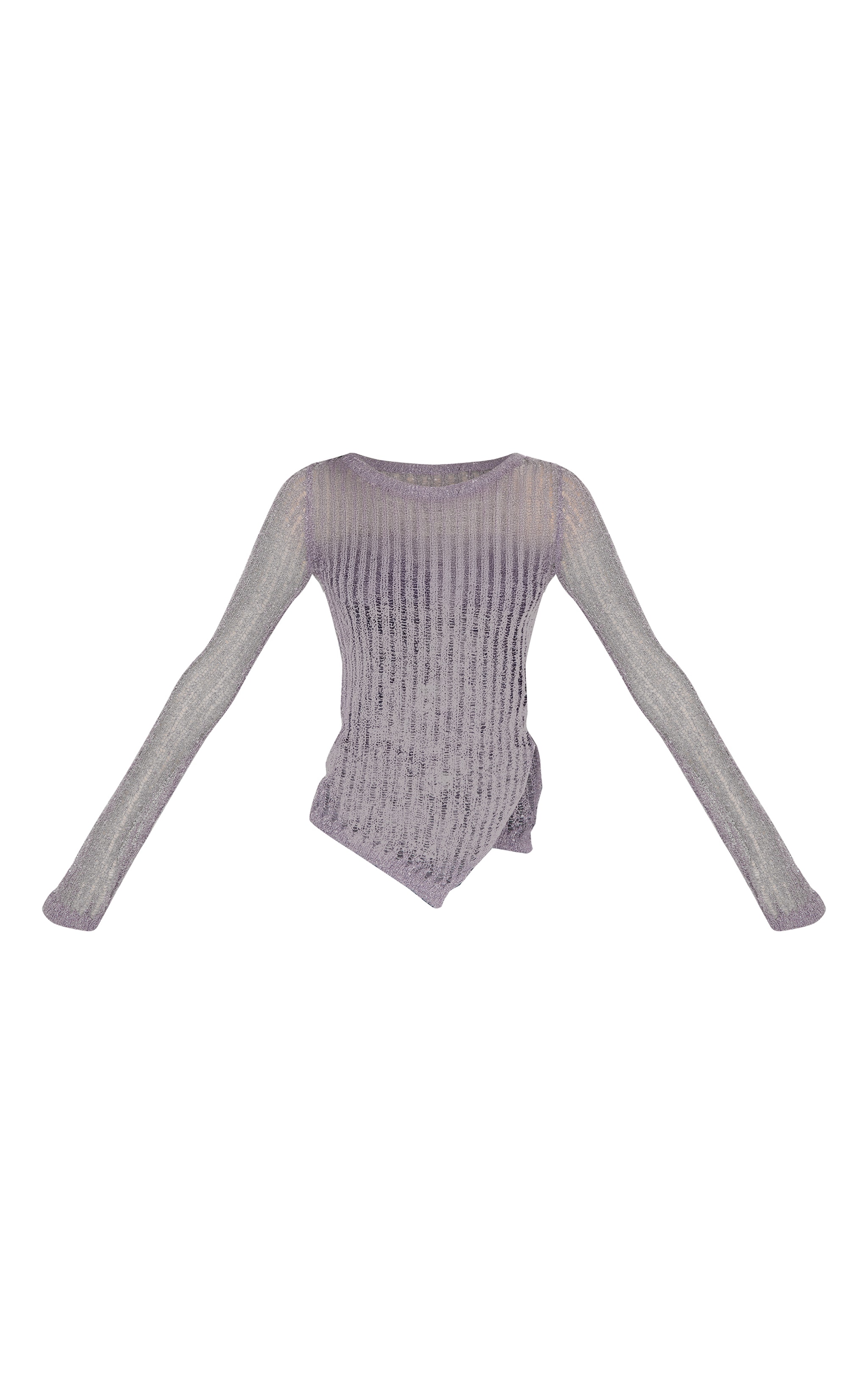 Charcoal Ladder Knit Sheer Asymmetric Hem Top image 5