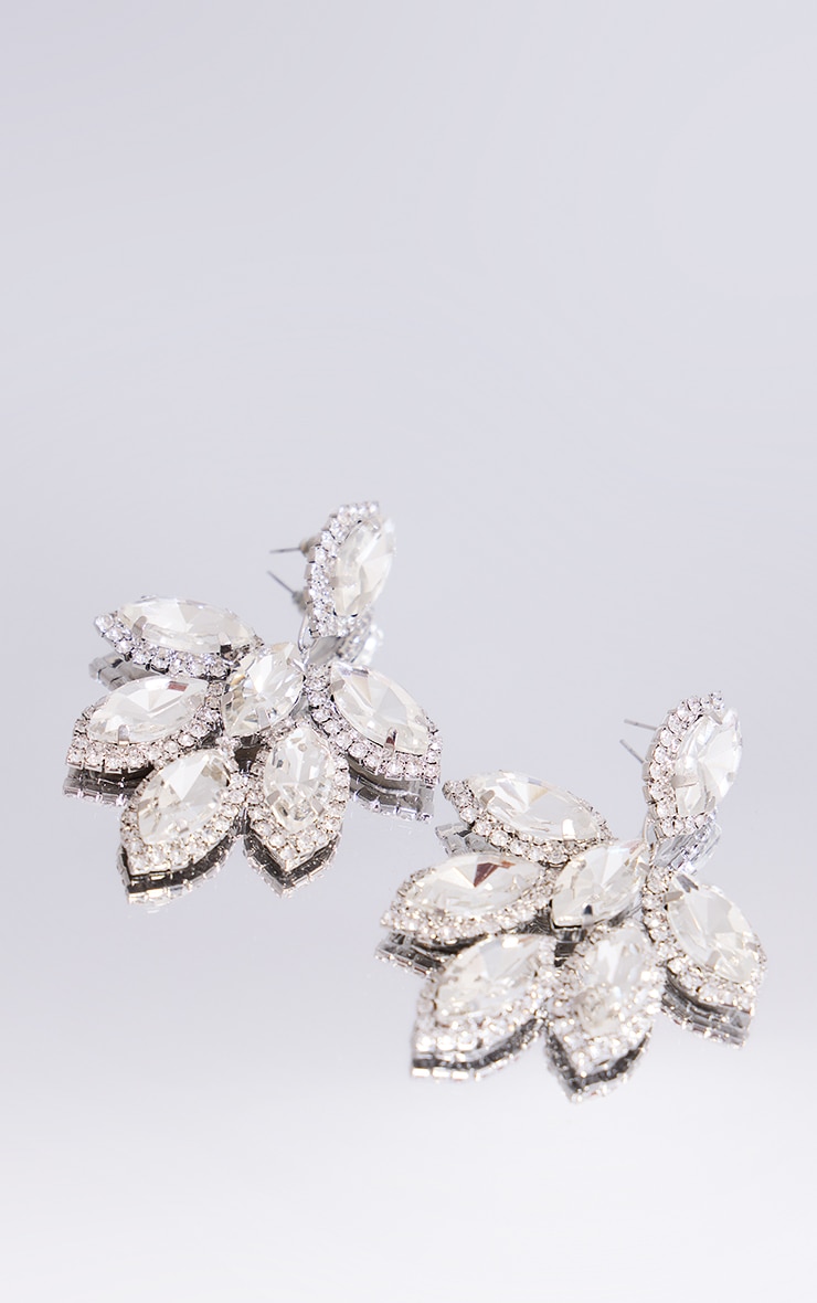 Silver Diamante Oversized Leaf Earrings image 2