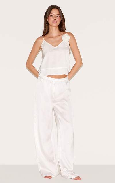 White Satin Flower Trim Cami Long Pj Set
