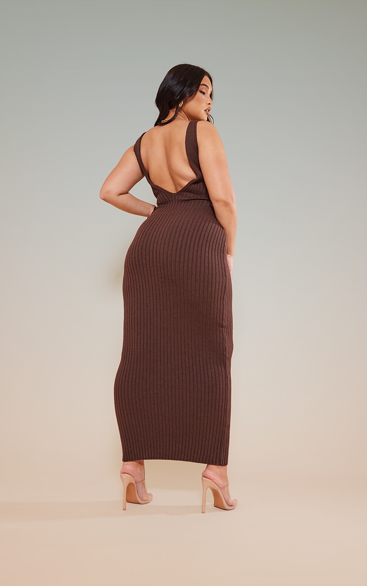 Plus Chocolate Brown Knitted Back Plunge Racer Maxi Dress image 2