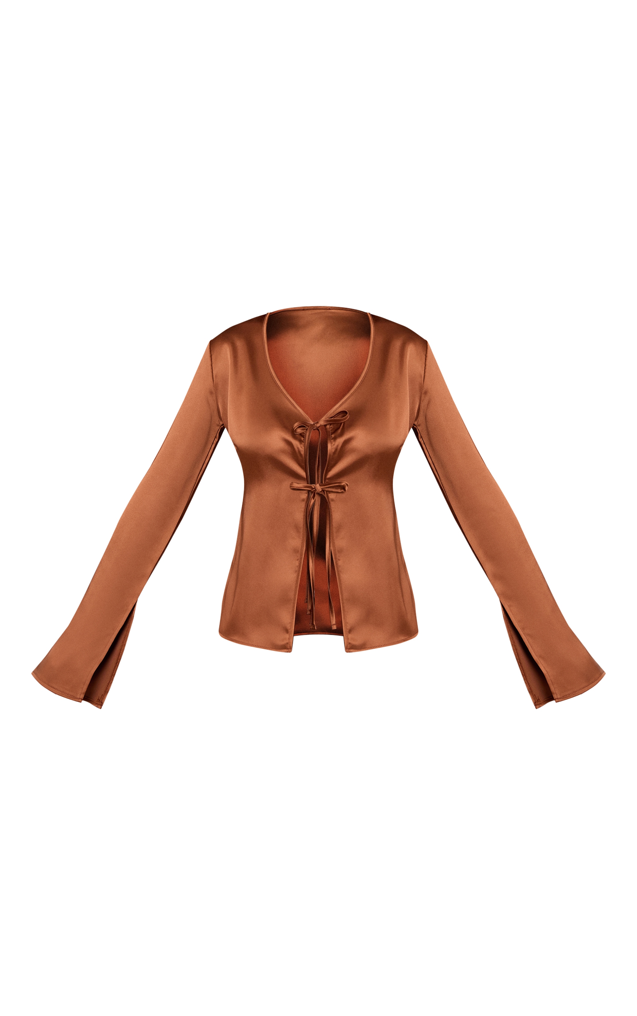 Top satiné marron noué devant à manches longues image 5