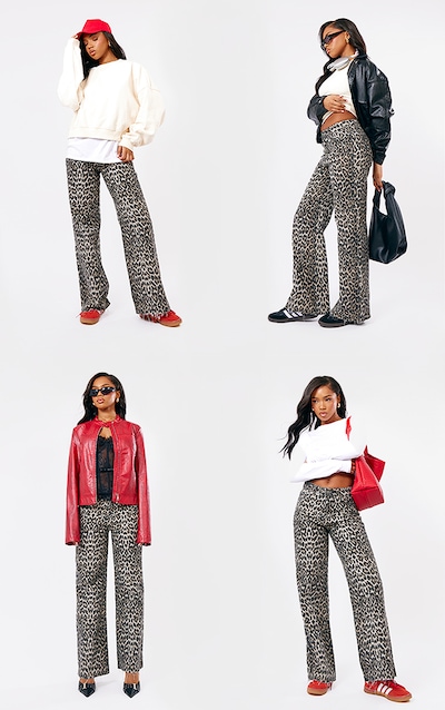 Brown Leopard Print Denim Wide Leg Denim Jean