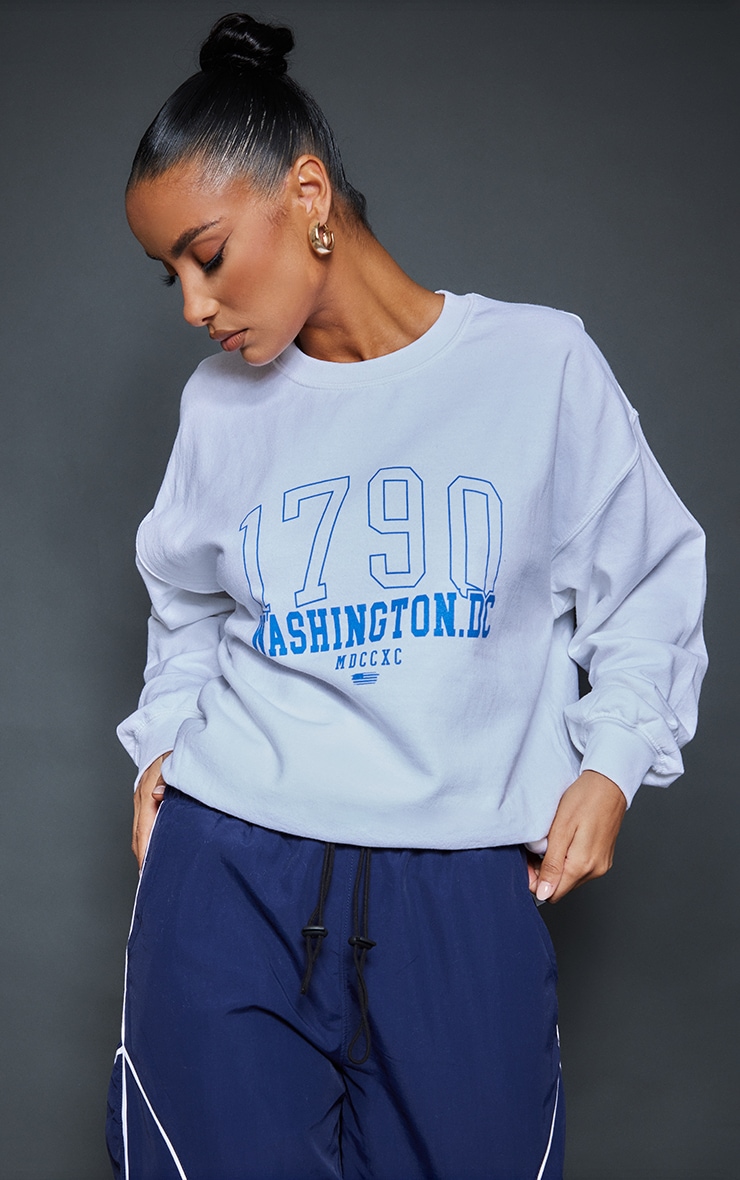 White Washington Print Washed Sweatshirt