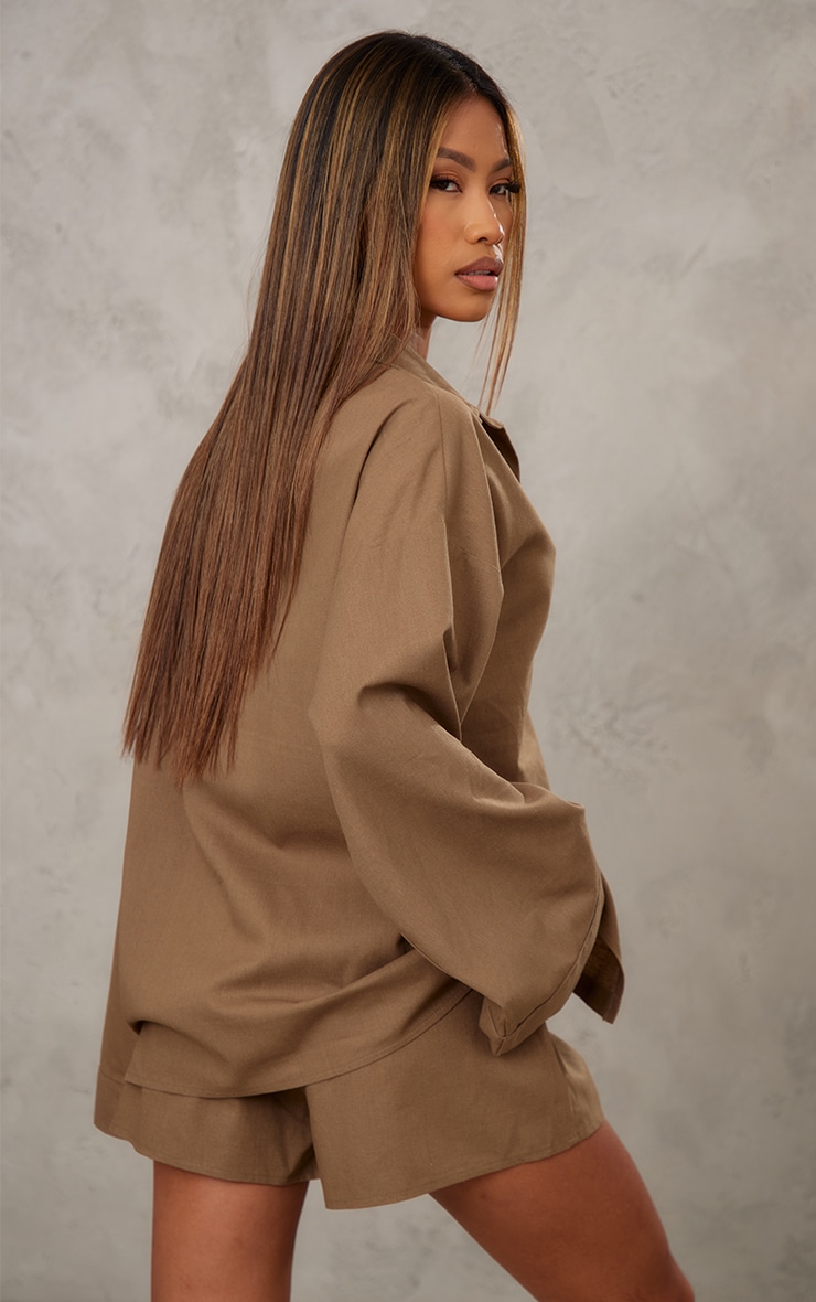 Khaki Woven Balloon Sleeve Oversized Shirt image 2