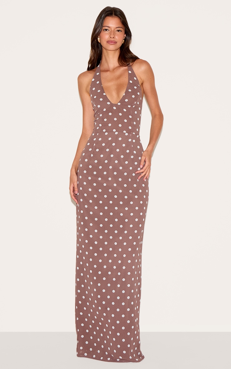 Chocolate Chiffon Polka Dot Printed Plunge Neck Maxi Dress image 1
