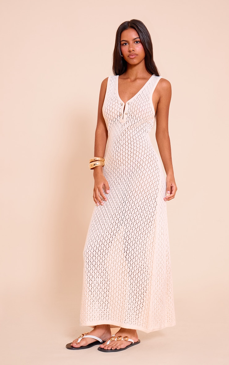 Petite Cream Knit V Neck Sleeveless Midaxi Dress image 1