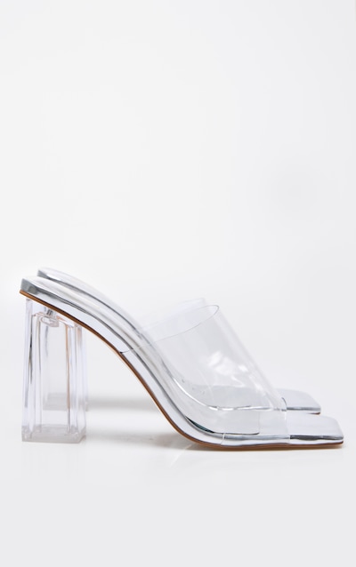 Silver PU Square Toe Perspex Block Heeled Mules