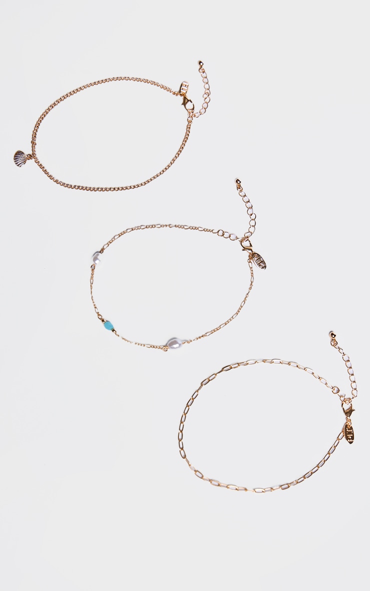 Gold Pearl & Shell Detail Layered Anklet image 3