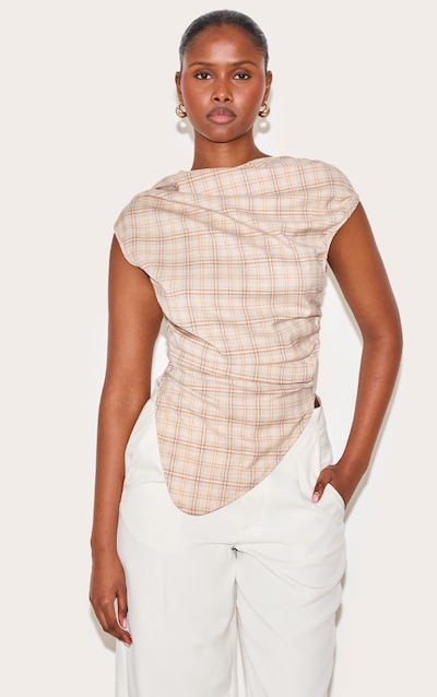 Beige Multi Checked Ruched Top