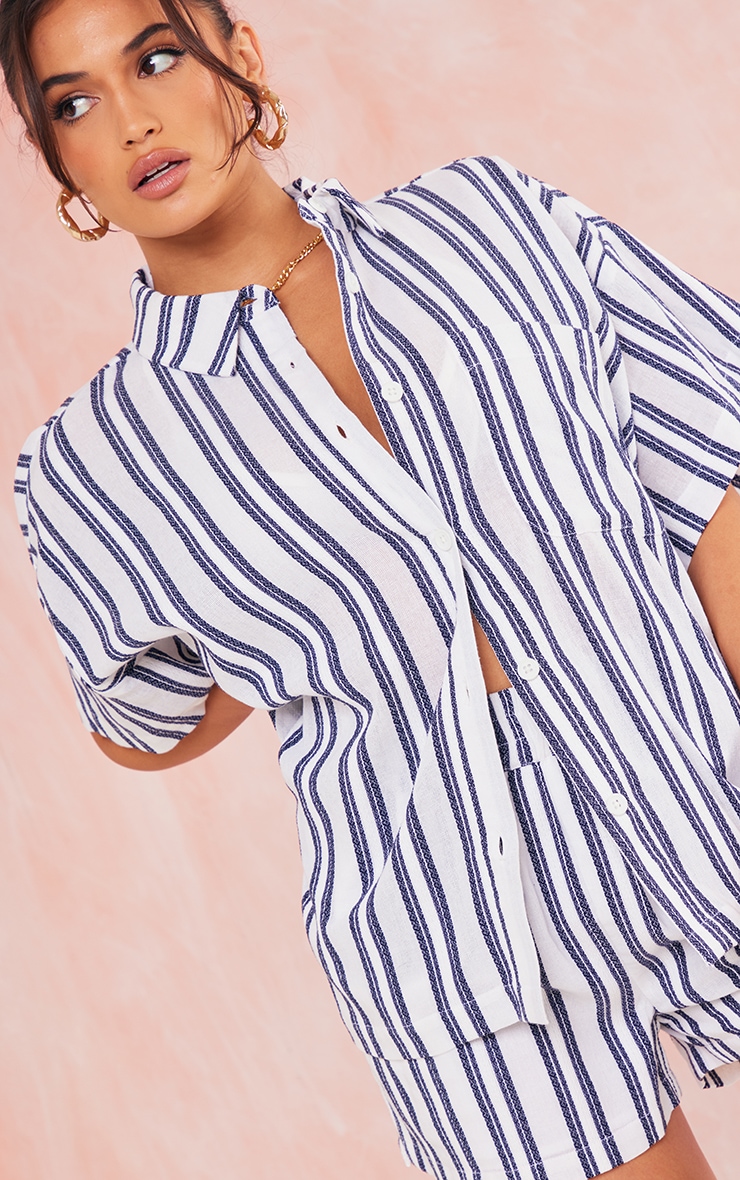 Navy Textured Linen Look Stripe Oversized Boxy Shirt image 4