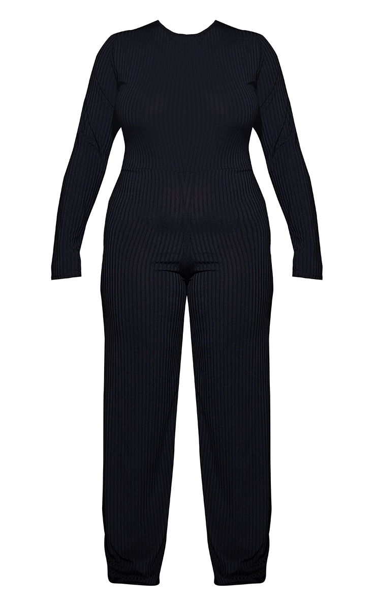 Plus Size V- Neck Ribbed Jumpsuit in Black main image 0