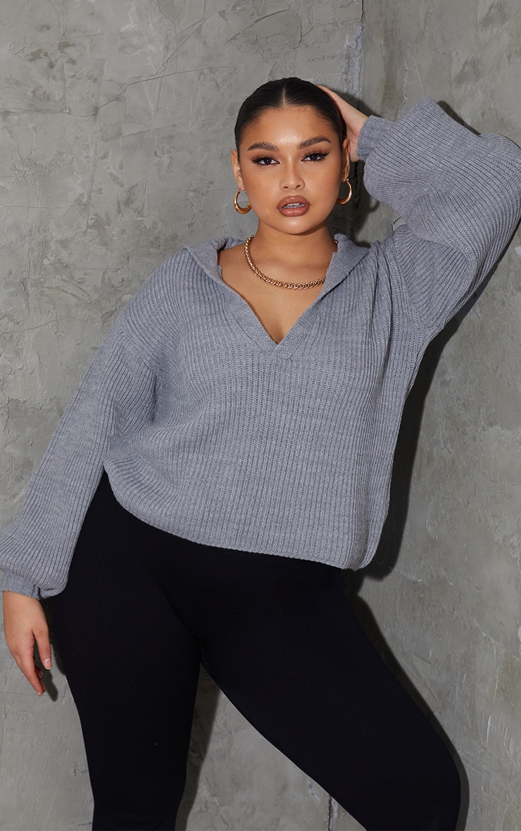 PLT Plus - Pull gris à col en V et manches ballon