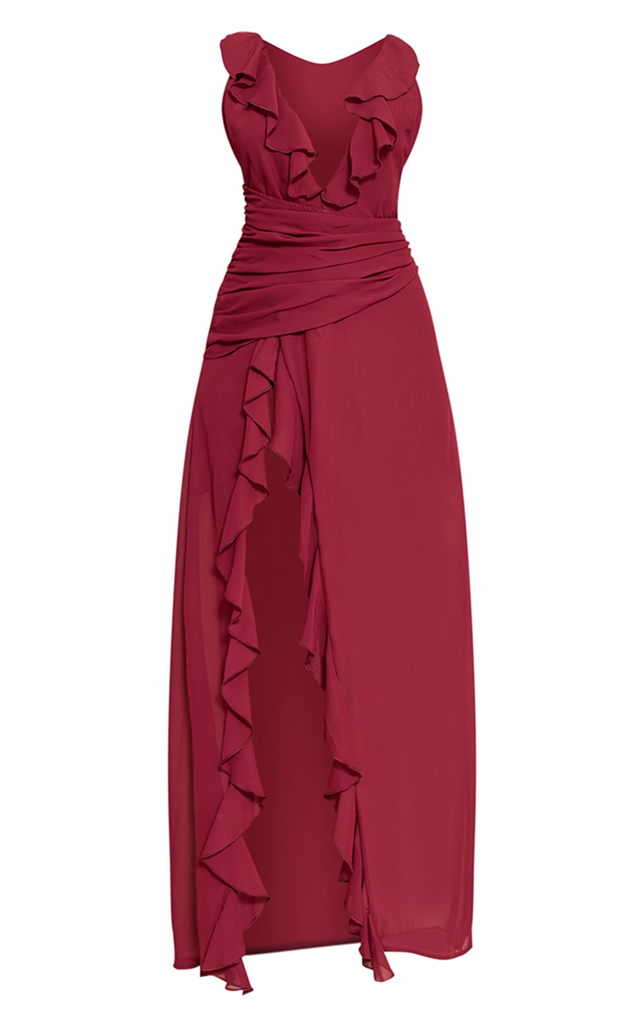 Deep Red Chiffon Frill Plunge Strappy Maxi Dress image 5