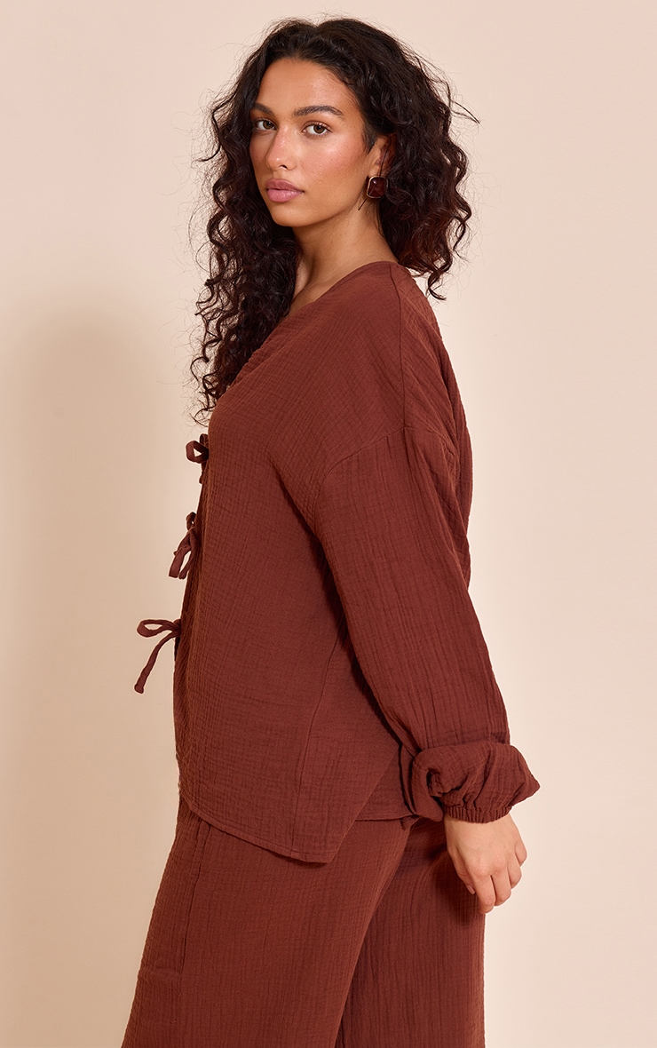 Dark Brown Cheesecloth Textured Tie Front Shirt image 2