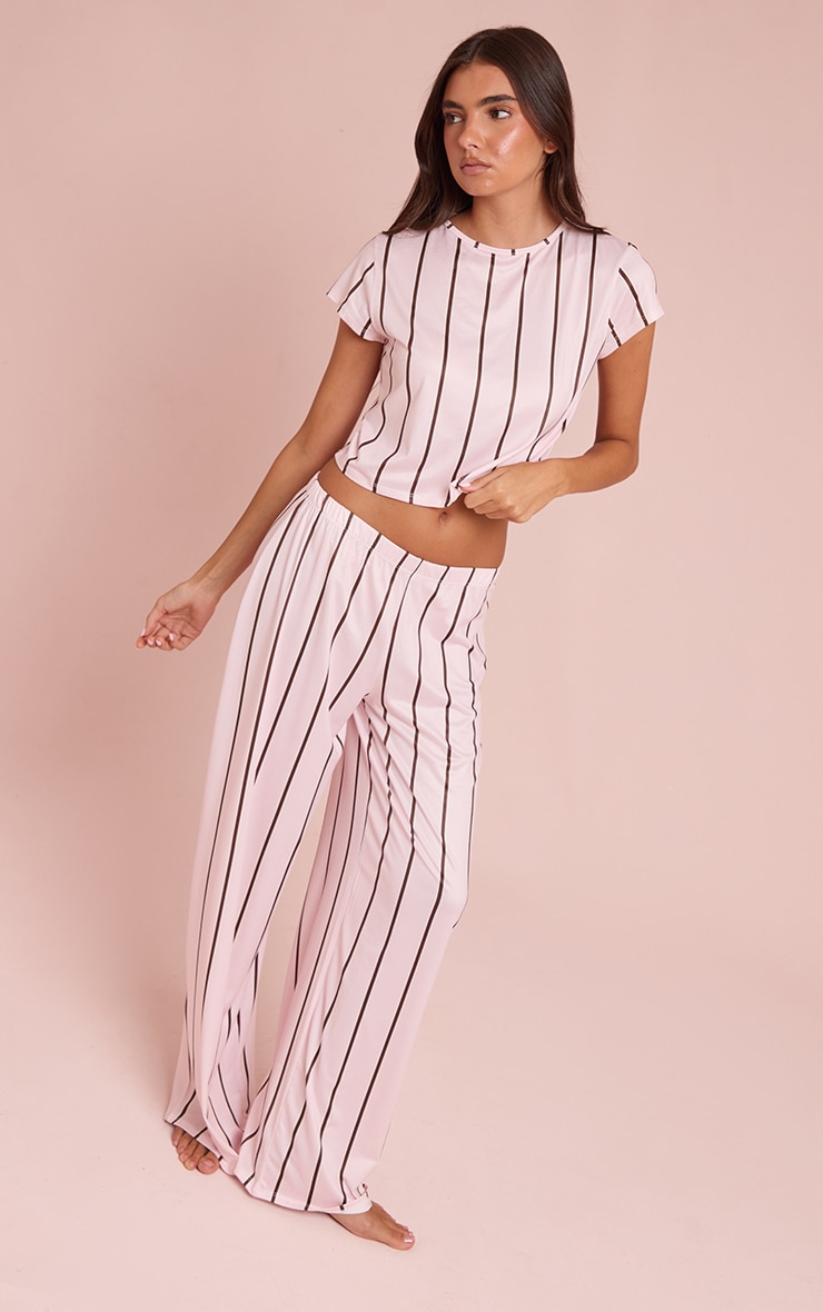 Pink & Brown Stripe Short Sleeve and Wide Leg Pant PJ Set