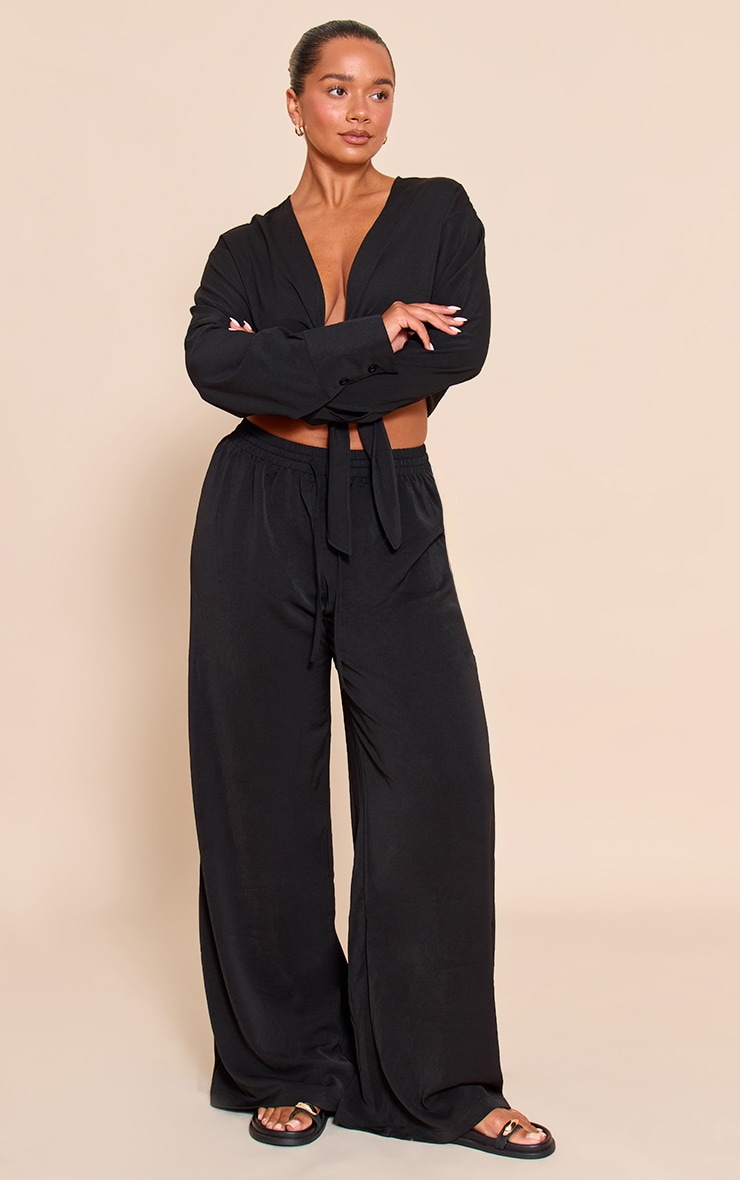 Shape Black Hammered Satin Elasticated Waist Wide Leg Pants image 1
